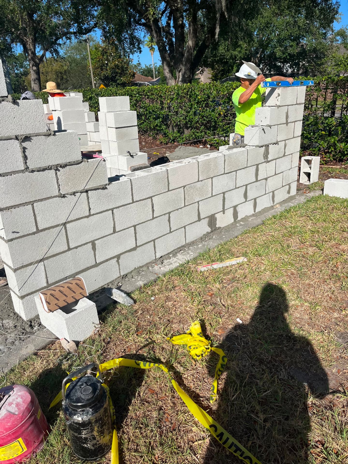 Block wall laid and leveled course by course